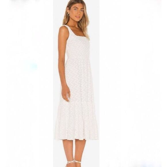 Line And Dot White Textured Tiered Summer Dress Size Medium New - Picture 2 of 5
